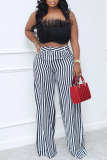 Red Casual Striped Print Patchwork Straight High Waist Wide Leg Full Print Bottoms