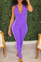 Purple Fashion Casual Solid Split Joint Zipper Collar Skinny Jumpsuits