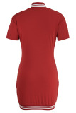 Red Casual Solid Patchwork Pocket Buckle Dresses