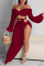 Burgundy Fashion Sexy Solid Backless Asymmetrical Off the Shoulder Long Sleeve Two Pieces