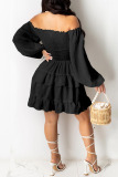 Black Sweet Solid Bandage Patchwork Flounce Asymmetrical Square Collar A Line Dresses