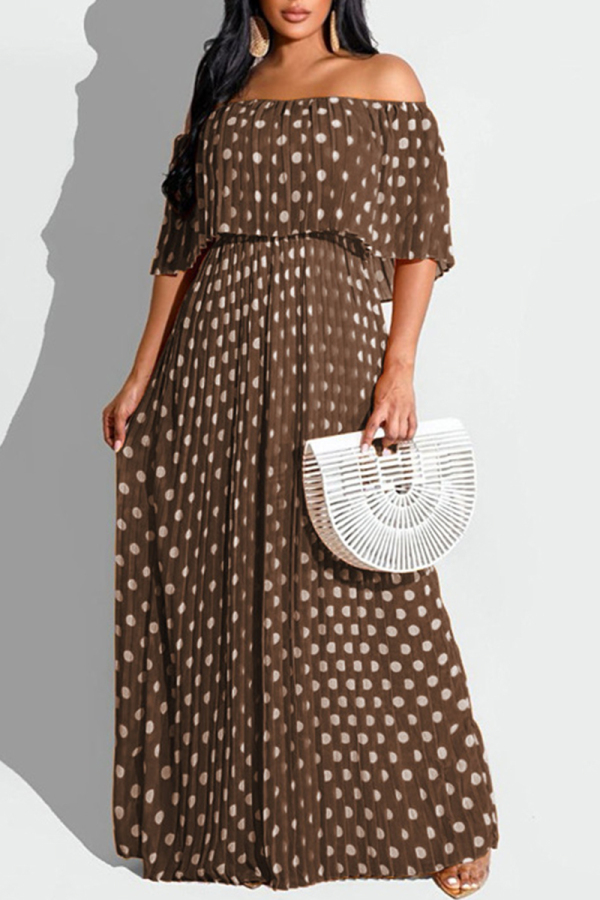 Coffee Fashion Casual Dot Print Patchwork Backless Off the Shoulder Long Dress