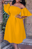 Yellow Elegant Solid Patchwork Off the Shoulder Evening Dress Dresses