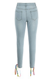 Deep Blue Fashion Casual Solid Bandage High Waist Skinny Denim Jeans