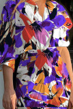 Purple Casual Print Patchwork Turndown Collar Shirt Dress Dresses