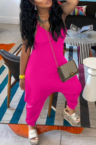 Rose Red Fashion Casual Solid Backless Spaghetti Strap Regular Jumpsuits