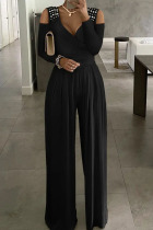 Cowboy Black Sexy Solid Patchwork Hot Drill Asymmetrical Collar Straight Jumpsuits