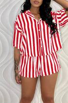 Red Casual Striped Print Patchwork Buckle Turndown Collar Short Sleeve Two Pieces