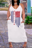 White Red Casual Flag Stars Print V Neck Floor Length Backless Sleeveless African Plus Size Loose Cami Maxi Dress with Pocket