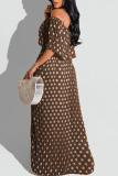 Coffee Fashion Casual Dot Print Patchwork Backless Off the Shoulder Long Dress