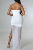 White Fashion Sexy Patchwork Hot Drilling Backless Strapless Sleeveless Dress
