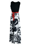Black Fashion Casual Print Patchwork With Belt O Neck Sleeveless Dress