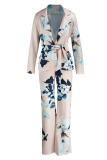 Apricot Fashion Casual Print Cardigan Pants Turndown Collar Long Sleeve Two Pieces