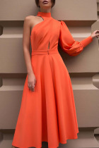 Tangerine Casual Elegant Solid Patchwork Slit Asymmetrical Half A Turtleneck A Line Dresses