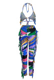 Blue Fashion Sexy Print Tassel Bandage Backless Halter Sleeveless Two Pieces