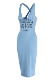 Light Blue Sexy Casual Letter Print Basic U Neck Vest Dress Dresses