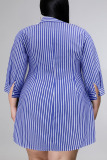 Blue Casual Striped Print Bandage Patchwork Buckle Turndown Collar Straight Plus Size Dresses