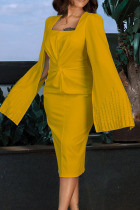 Yellow Elegant Solid Patchwork Beading O Neck Evening Dress Dresses