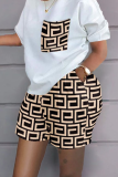 Black khaki Casual Print Patchwork O Neck Short Sleeve Two Pieces