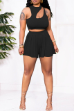 Black Fashion Casual Solid Hollowed Out O Neck Sleeveless Two Pieces