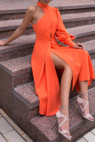 Tangerine Casual Elegant Solid Patchwork Slit Asymmetrical Half A Turtleneck A Line Dresses