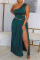 Ink Green Fashion Casual Solid Backless Slit One Shoulder Sleeveless Two Pieces (Without Waist Chain)