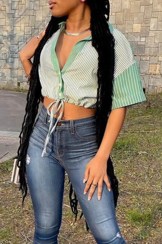 Green Fashion Striped Patchwork Turndown Collar Tops