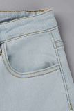 Light Blue Fashion Casual Solid Bandage High Waist Skinny Denim Jeans