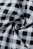 Black Fashion Casual Plaid Print Patchwork Turndown Collar Long Sleeve Two Pieces
