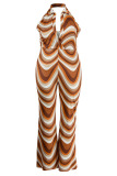 Brown Sexy Print Patchwork Backless V Neck Plus Size Jumpsuits