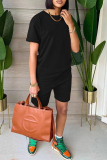 Black Fashion Casual Solid Basic O Neck Short Sleeve Two Pieces