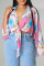 Pink Fashion Casual Print Bandage Turndown Collar Tops