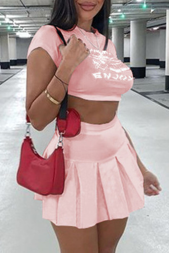 Pink Fashion Casual Print Basic O Neck Short Sleeve Two Pieces