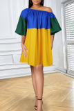 Yellow Fashion Casual Solid Patchwork Oblique Collar Dress