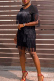Black Fashion Casual Solid Tassel Patchwork O Neck Short Sleeve Dress
