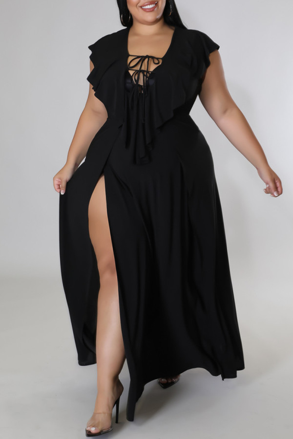 Black Fashion Casual Plus Size Solid Hollowed Out Slit V Neck Long Dress