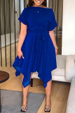Blue Fashion Casual Solid Patchwork Asymmetrical O Neck Short Sleeve Dress