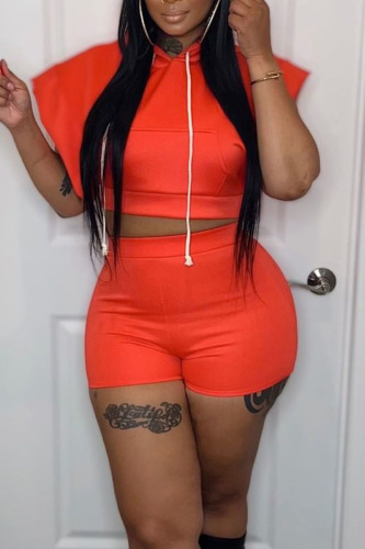Tangerine Red Casual Solid Patchwork Hooded Collar Short Sleeve Two Pieces