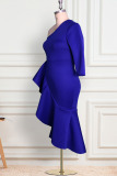 Blue Fashion Casual Solid Patchwork Backless Oblique Collar Irregular Dress