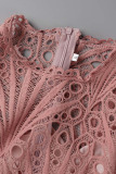 Pink Elegant Solid Hollowed Out Patchwork Fold O Neck Dresses(Without Belt)