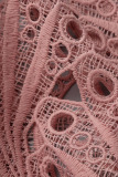 Pink Elegant Solid Hollowed Out Patchwork Fold O Neck Dresses(Without Belt)