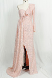 Pink Fashion Sexy Patchwork Sequins Backless Slit One Shoulder Evening Dress