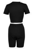 Black Sexy Solid Hollowed Out Patchwork O Neck Short Sleeve Two Pieces