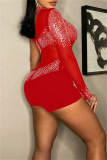 Red Fashion Sexy Patchwork Hot Drilling Backless Half A Turtleneck Skinny Romper