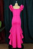 Rose Red Fashion Casual Solid Patchwork Square Collar Evening Dress