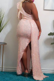 Pink Fashion Sexy Patchwork Sequins Backless Slit One Shoulder Evening Dress