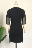 Black Fashion Casual Solid Tassel Patchwork O Neck Short Sleeve Dress
