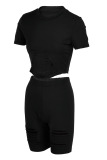 Black Sexy Solid Hollowed Out Patchwork O Neck Short Sleeve Two Pieces