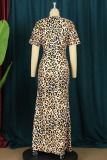 Yellow Plus Size Fashion Casual Print Leopard Slit Fold O Neck Short Sleeve Dress