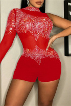 Red Fashion Sexy Patchwork Hot Drilling Backless Half A Turtleneck Skinny Romper